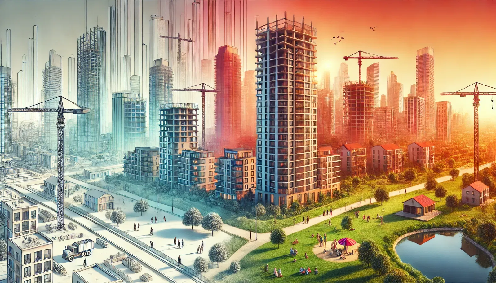 Gradient scene of property in Istanbul showing a high-rise building under construction on one side and a cozy residential area with a park on the other side.