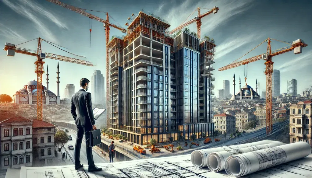 Choosing the District For Property in Istanbul: Important 11 Criteria 1 Modern high-rise building under construction in Istanbul with a businessperson reviewing plans, symbolizing investment opportunities in property in Istanbul.
