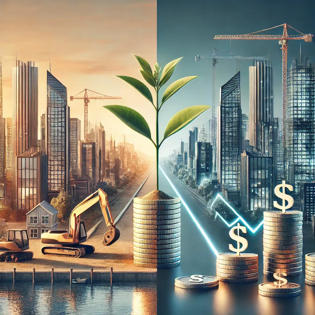 Infographic comparing rental income and price appreciation in developed and developing economies, with icons representing stability and growth.